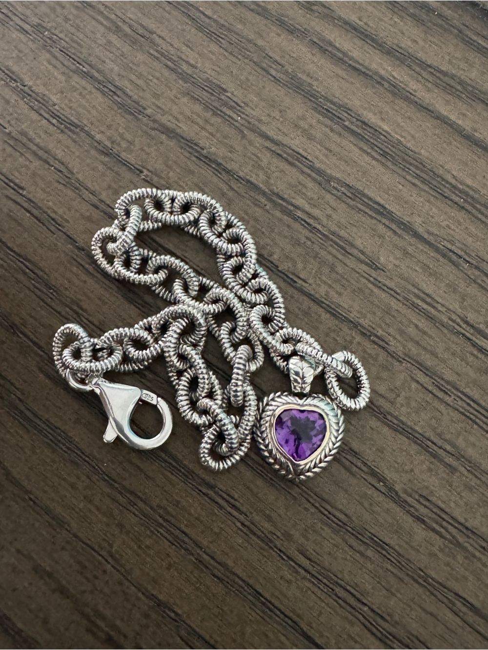 QG 925 Sterling Silver 14K Gold Amethyst Heart Bracelet Thailand 20.3g 7.25”